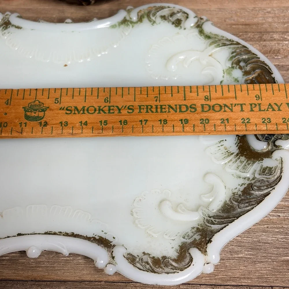 Antique Milk Glass Vanity Set Green Gold Painted Trinket Jar and Tray